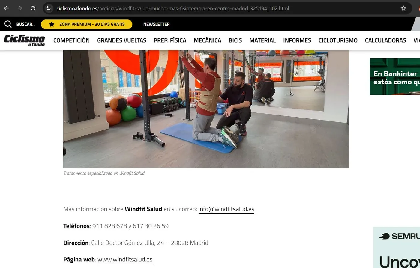 Publicación relativa a Windfit Salud en la web Ciclismo a Fondo, especializada en ciclismo de carretera