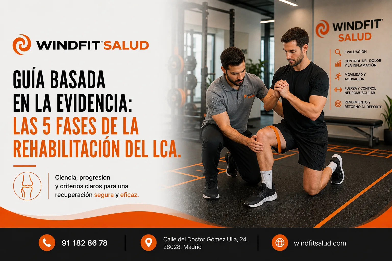 Fisioterapeuta supervisando un ejercicio de rehabilitación del ligamento cruzado anterior (LCA) para recuperar la fuerza, la estabilidad y la función de la rodilla tras una lesión o cirugía.